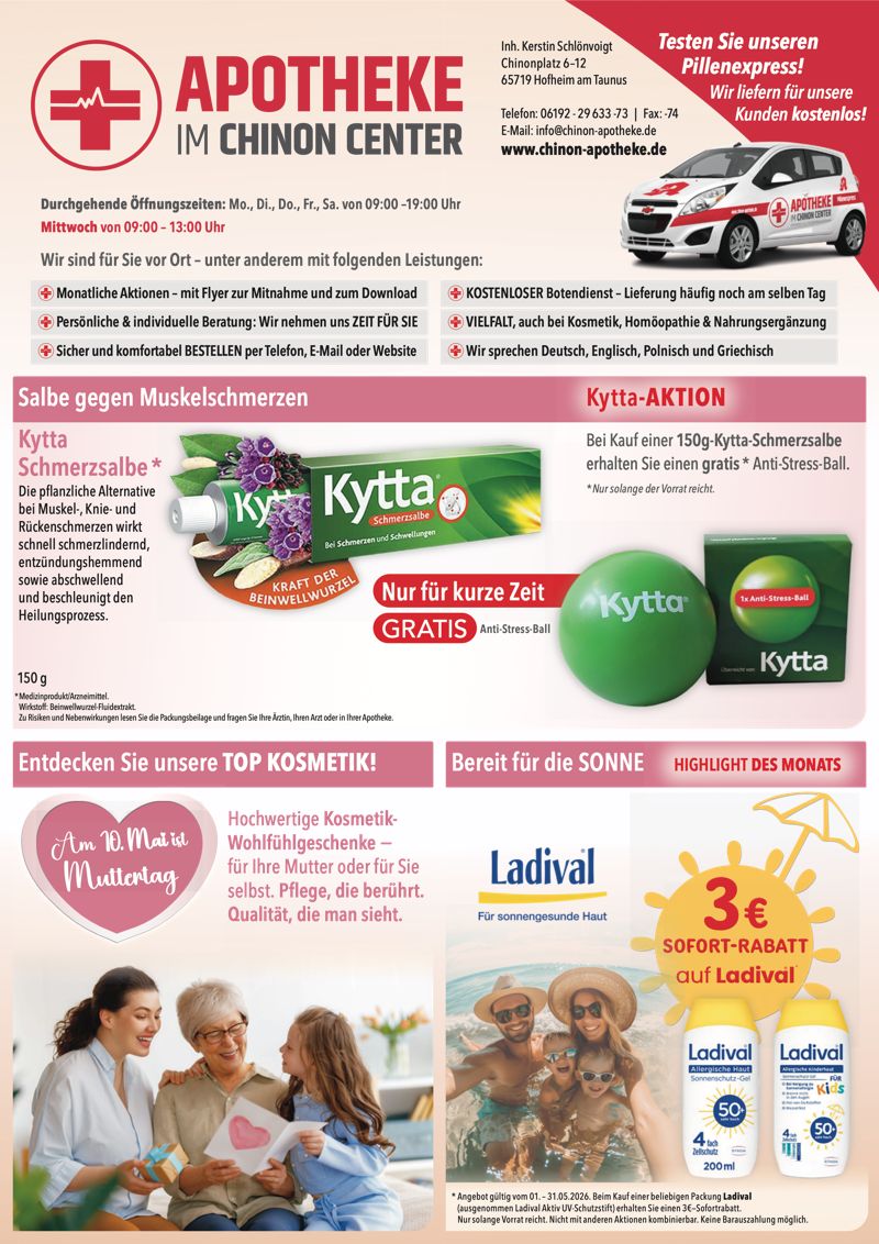 Aktuelle Monatsangebote der Apotheke im Chinon Center Monatlicher Angebotsflyer der Apotheke im Chinon Center mit Informationen zu Öffnungszeiten, Leistungen, Aktionen und wechselnden Produktangeboten aus Bereichen wie Gesundheit, Pflege und Selbstmedikation.
